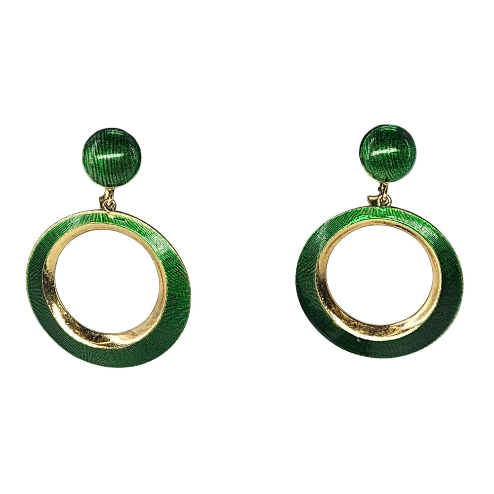 Vintage Signed Green Enamel & Goldtone Tiered Dangle Earrings