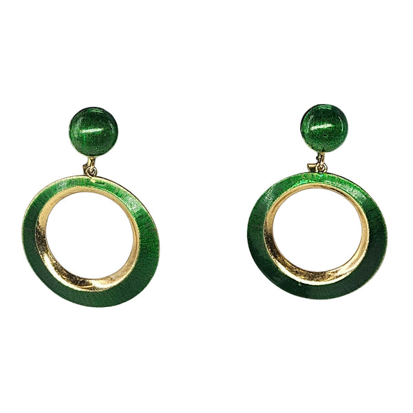 Vintage Signed Green Enamel & Goldtone Tiered Dangle Earrings