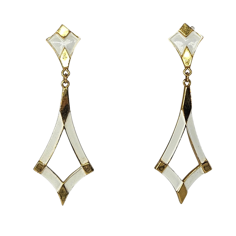 Vintage White Enamel & Gold Tone Tiered Dangle Earrings