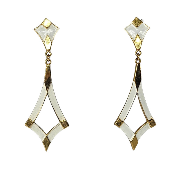 Vintage White Enamel & Gold Tone Tiered Dangle Earrings