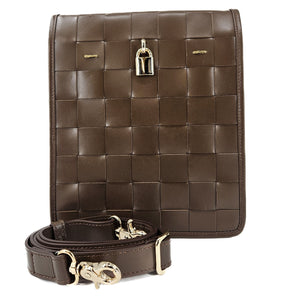 Brown woven leather handbag with a strap on a white background