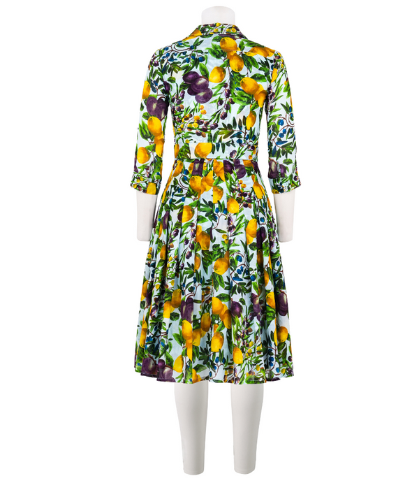 A knee-length dress with a collared neckline, three-quarter sleeves, and a flared skirt. Features a bold allover abstract pattern and fitted waist.