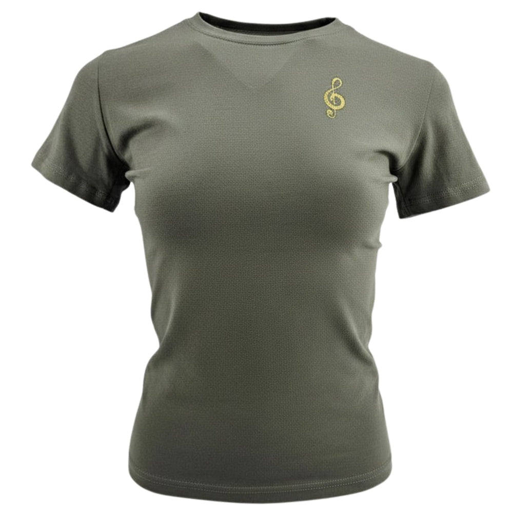 Green t-shirt with a yellow treble clef symbol on a white background
