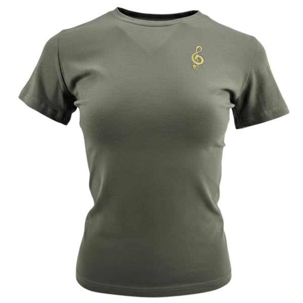 Green t-shirt with a yellow treble clef symbol on a white background