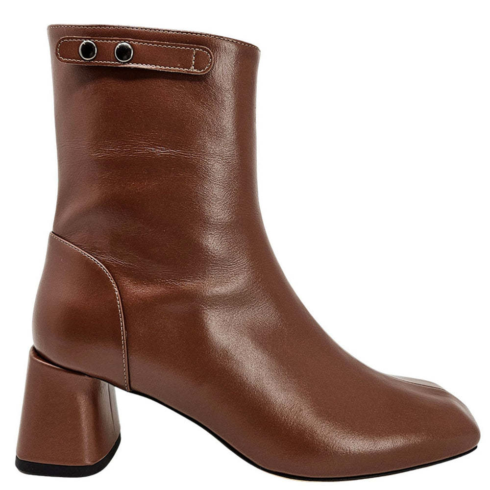 Brown leather ankle boot with a block heel on a white background
