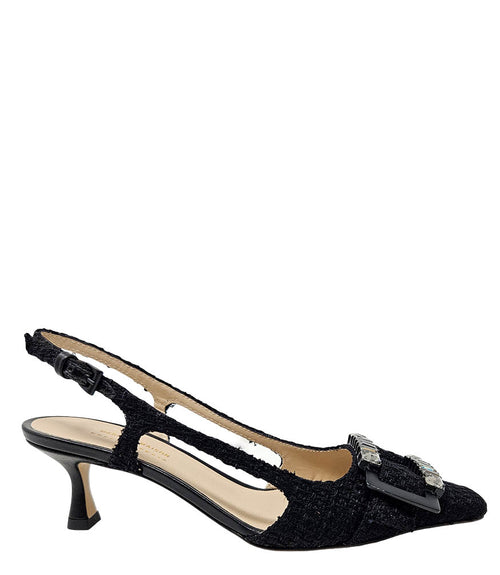 Handmade slingback heel crafted in Italy, featuring a textured woven upper, low kitten heel, and a square toe adorned with a jeweled buckle accent. Displayed from multiple angles against a clean background.