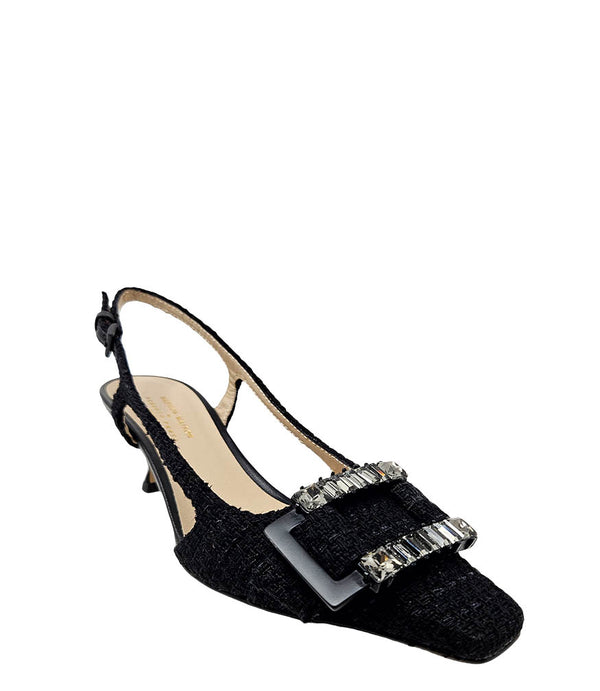 Handmade slingback heel crafted in Italy, featuring a textured woven upper, low kitten heel, and a square toe adorned with a jeweled buckle accent. Displayed from multiple angles against a clean background.