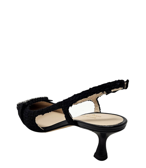 Handmade slingback heel crafted in Italy, featuring a textured woven upper, low kitten heel, and a square toe adorned with a jeweled buckle accent. Displayed from multiple angles against a clean background.
