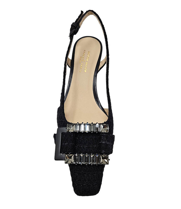 Handmade slingback heel crafted in Italy, featuring a textured woven upper, low kitten heel, and a square toe adorned with a jeweled buckle accent. Displayed from multiple angles against a clean background.