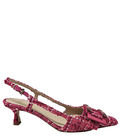 Handmade slingback heel crafted in Italy, featuring a textured woven upper, low kitten heel, and a square toe adorned with a jeweled buckle accent. Displayed from multiple angles against a clean background.