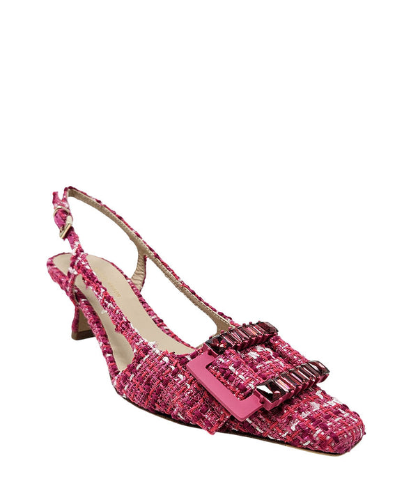Handmade slingback heel crafted in Italy, featuring a textured woven upper, low kitten heel, and a square toe adorned with a jeweled buckle accent. Displayed from multiple angles against a clean background.