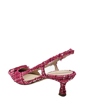 Handmade slingback heel crafted in Italy, featuring a textured woven upper, low kitten heel, and a square toe adorned with a jeweled buckle accent. Displayed from multiple angles against a clean background.