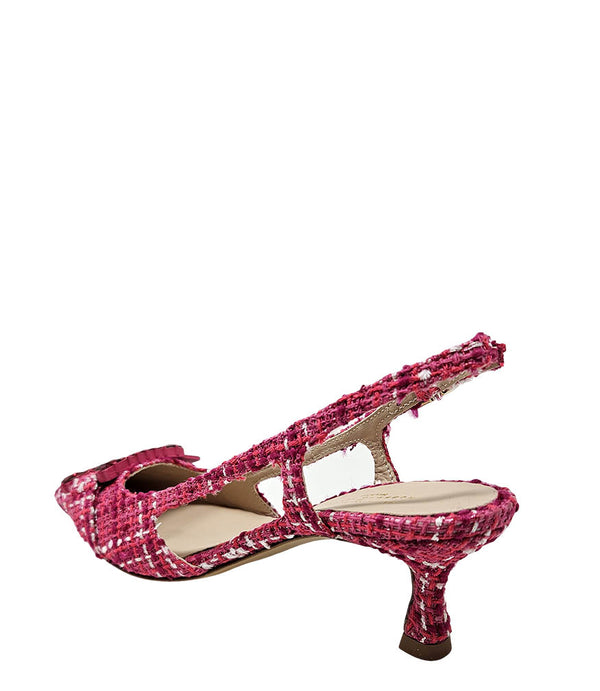 Handmade slingback heel crafted in Italy, featuring a textured woven upper, low kitten heel, and a square toe adorned with a jeweled buckle accent. Displayed from multiple angles against a clean background.