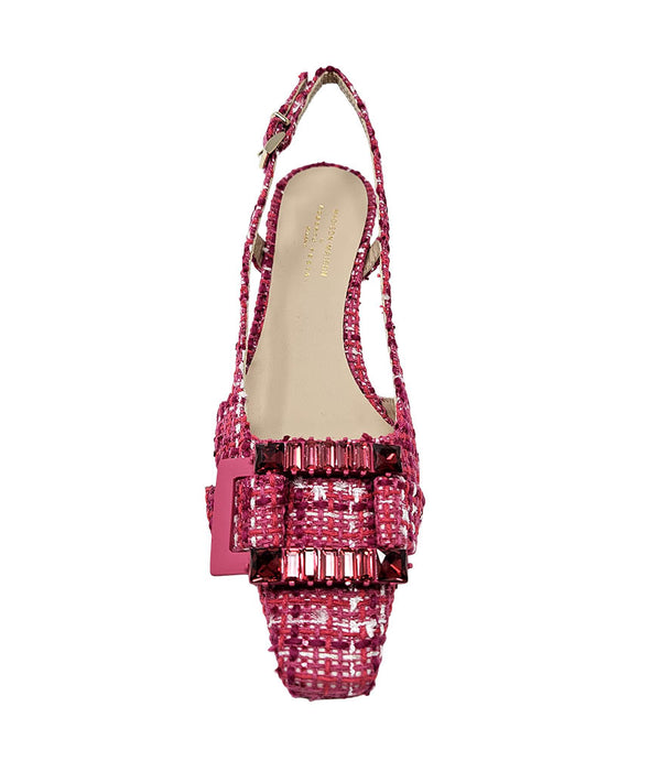 Handmade slingback heel crafted in Italy, featuring a textured woven upper, low kitten heel, and a square toe adorned with a jeweled buckle accent. Displayed from multiple angles against a clean background.