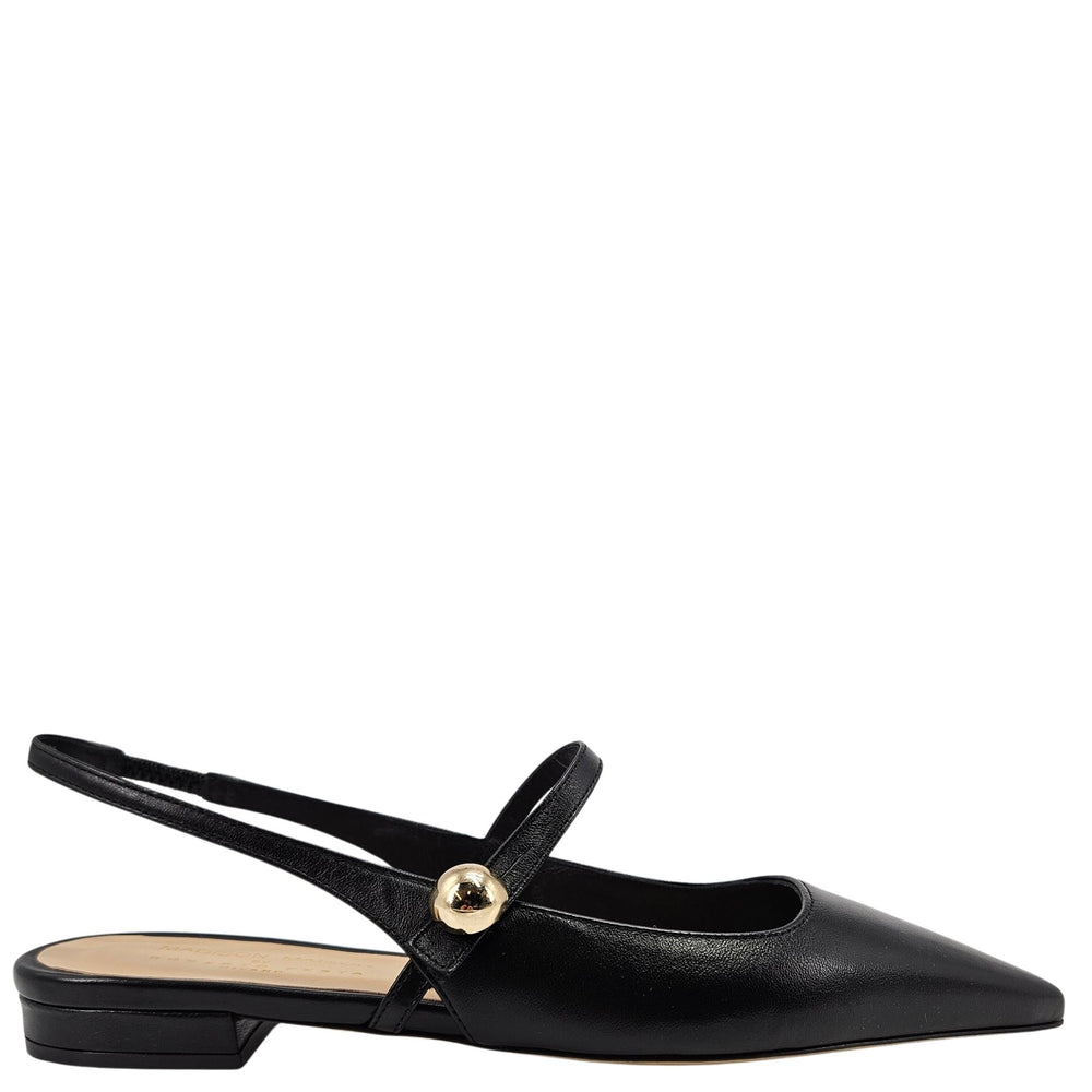 Black slingback shoe with a gold buckle on a white background