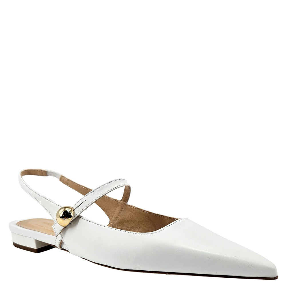 White leather flat slingback with pointed toe, sling strap, and low heel