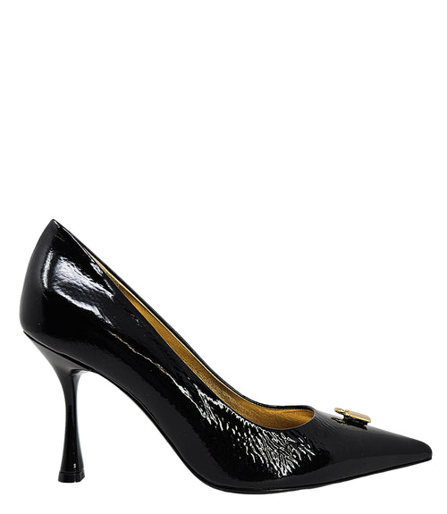 Pointed-toe stiletto pump with a sleek, glossy finish, mid-height heel, and gold lock embellishment at the toe. Features a sculpted silhouette and cushioned interior.