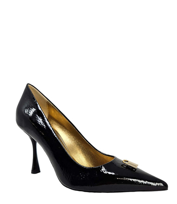 Pointed-toe stiletto pump with a sleek, glossy finish, mid-height heel, and gold lock embellishment at the toe. Features a sculpted silhouette and cushioned interior.