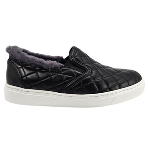 Black Quilted Leather Shearling Slip on Sneaker