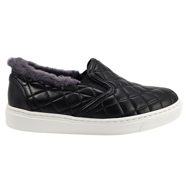 Black Quilted Leather Shearling Slip on Sneaker
