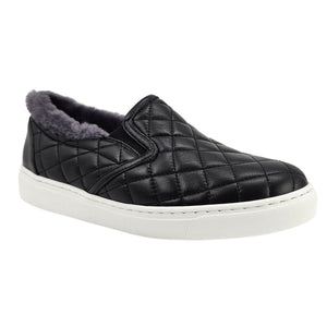 Black Quilted Leather Shearling Slip on Sneaker