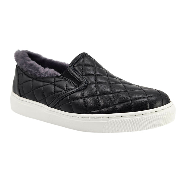 Black Quilted Leather Shearling Slip on Sneaker