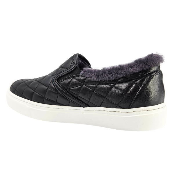 Black Quilted Leather Shearling Slip on Sneaker