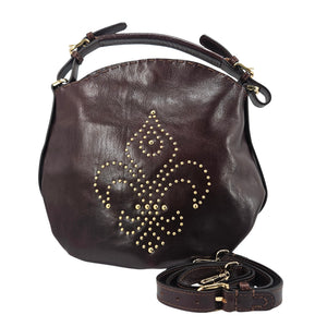 Brown Studded Leather Fleur de lis Shoulder Bag