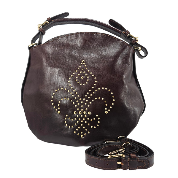 Brown Studded Leather Fleur de lis Shoulder Bag