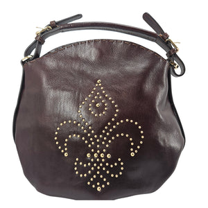 Brown Studded Leather Fleur de lis Shoulder Bag