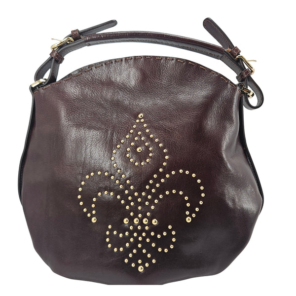 Brown Studded Leather Fleur de lis Shoulder Bag