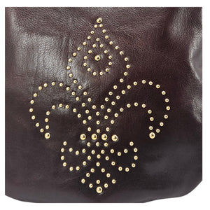 Brown Studded Leather Fleur de lis Shoulder Bag