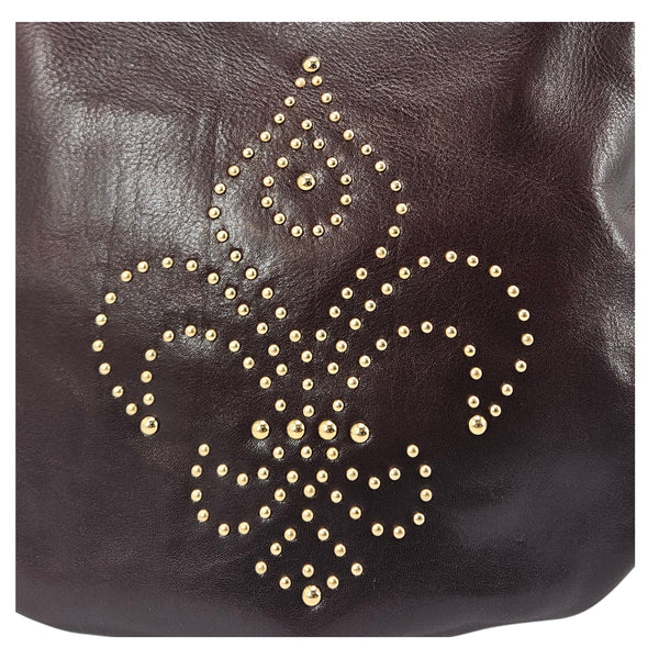 Brown Studded Leather Fleur de lis Shoulder Bag