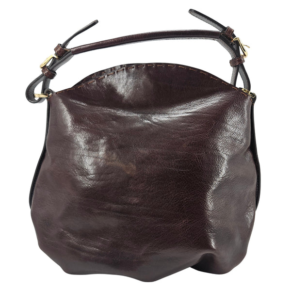 Brown Studded Leather Fleur de lis Shoulder Bag