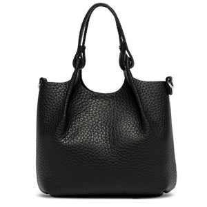 Black leather handbag on a white background