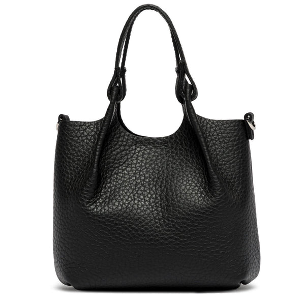 Black leather handbag on a white background