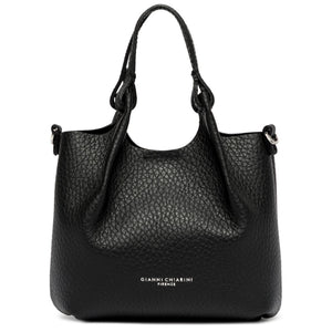 Black textured handbag with brand name on a white background