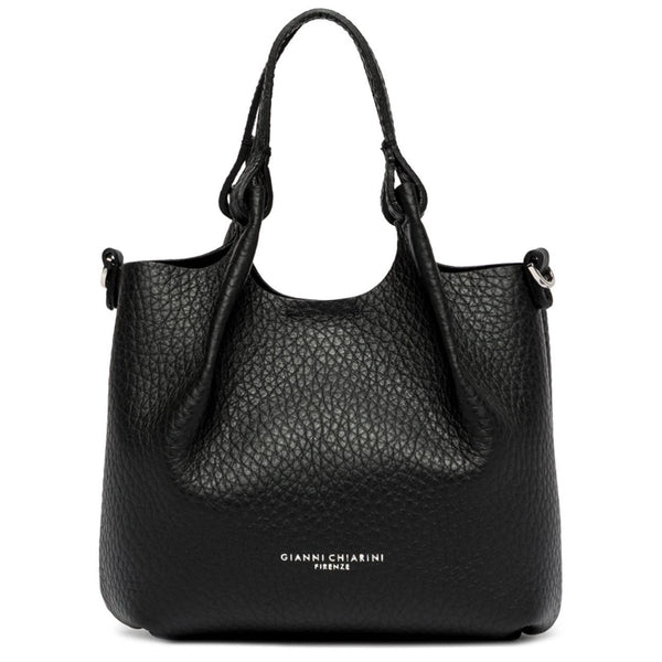 Black textured handbag with brand name on a white background