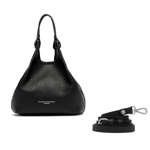 Black handbag with matching leash on a white background