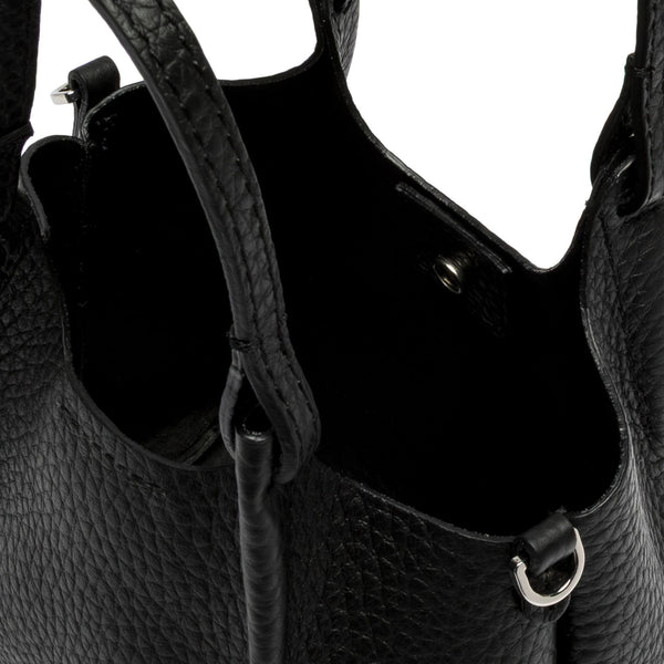Close-up of a black leather handbag with visible stitching details.