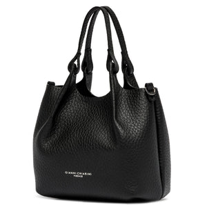 Black leather handbag with brand name on a white background