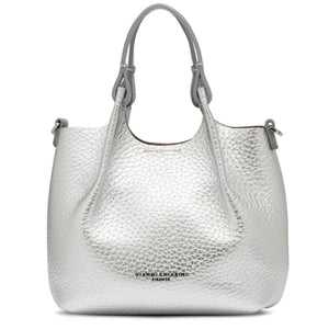 Silver textured handbag with brand name on a white background