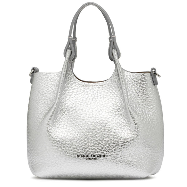 Silver textured handbag with brand name on a white background