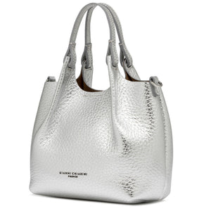 Silver textured handbag with brand name on a white background