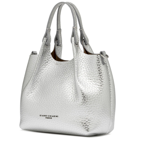 Silver textured handbag with brand name on a white background