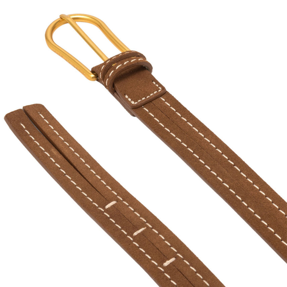 Brown leather belt end with gold buckle and square keeper, double row stitching