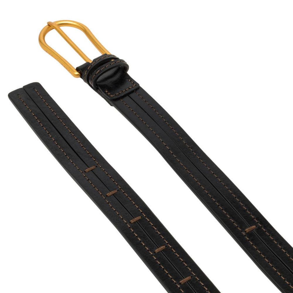 Black leather belt with gold-tone buckle and contrast stitching