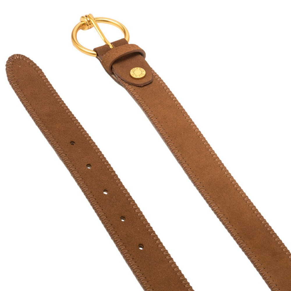 Cognac leather belt with round gold buckle and prong, stitched edge