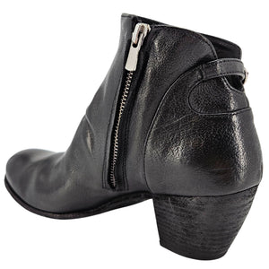 Black leather ankle boot with a zipper on a white background