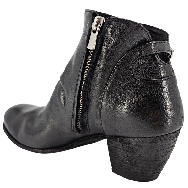 Black leather ankle boot with a zipper on a white background